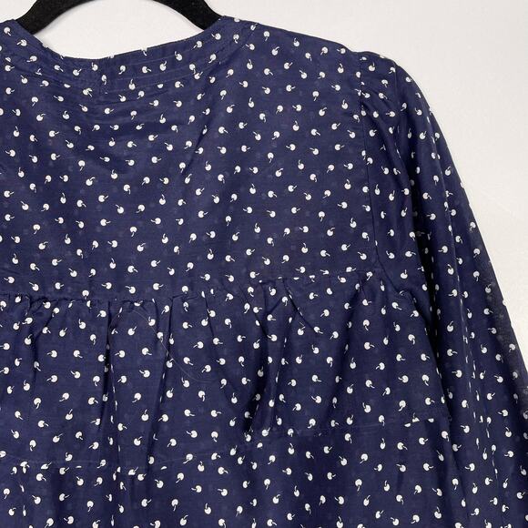 J Crew Womens 2XS Navy Blue Ruffle Tiny Cherries Printed Blouse Top Long Sleeve - Picture 7 of 14